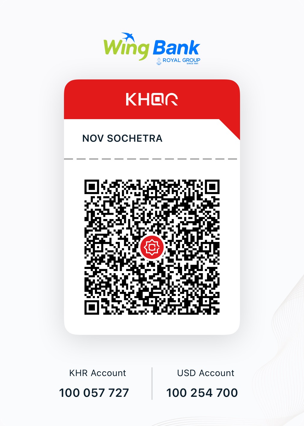 KHQR code to pay NOV SOCHETRA at Wing Bank